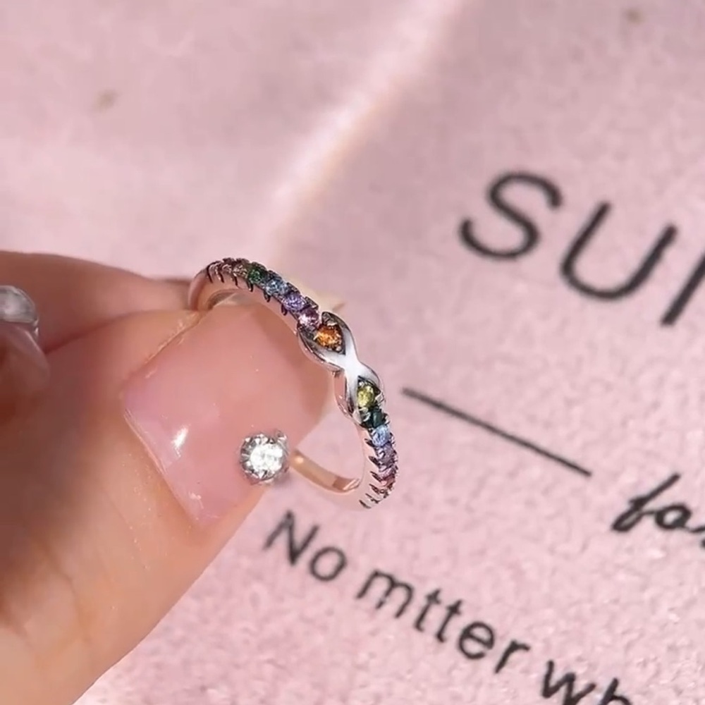 Multicolored Gemstone Band Infinity Ring SS925 Size 6 - Picture 6 of 7
